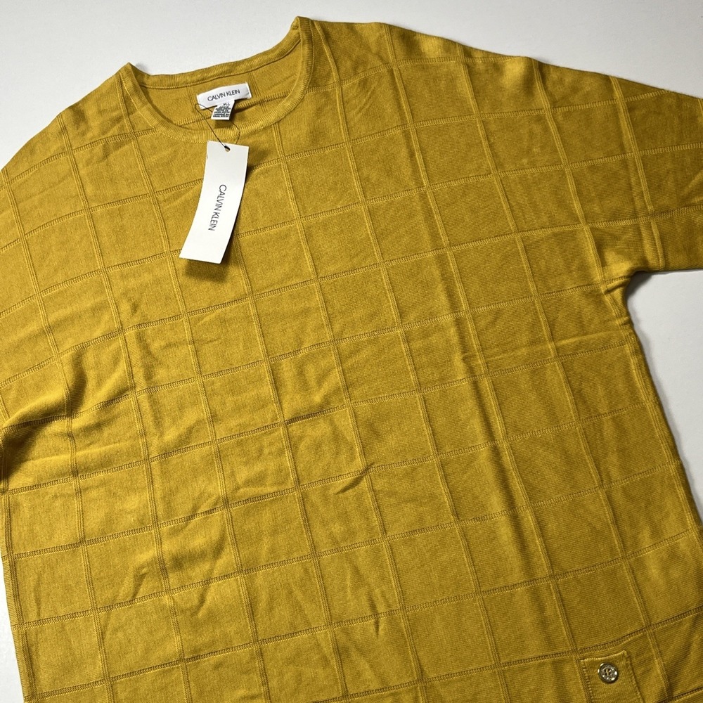 Calvin Klein Boxy Oversized Knit Top XL Yellow Short Sleeve Windowpane Top NWT